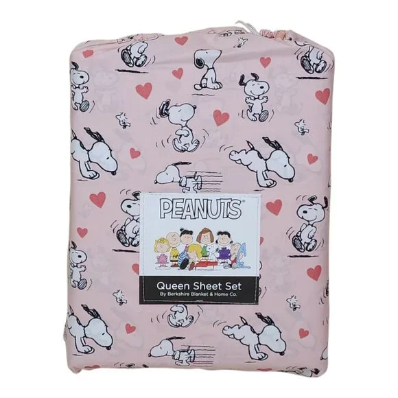 Peanuts Snoopy Queen Sheet Set By Berkshire Pink With Hearts Valentines Day - Picture 2 of 7
